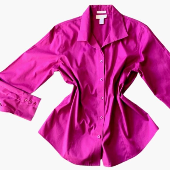 Chico's No-Iron Cotton Oxford Button Front Shirt Fuchsia Sz 2 (L/12) #68D - Picture 2 of 7
